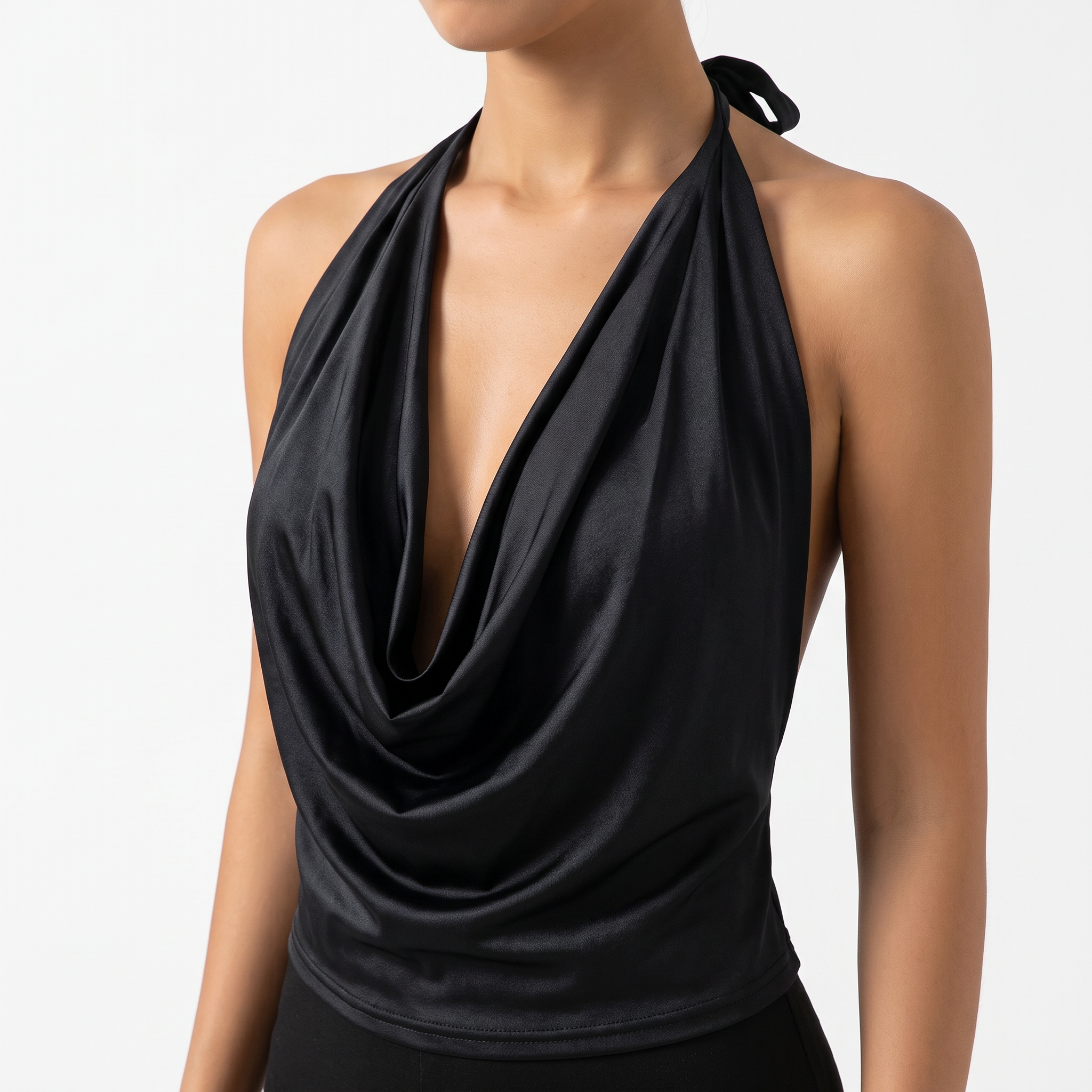 Women's Draped Cowl Neck Satin Halter Top – Sleeveless Going Out Tops