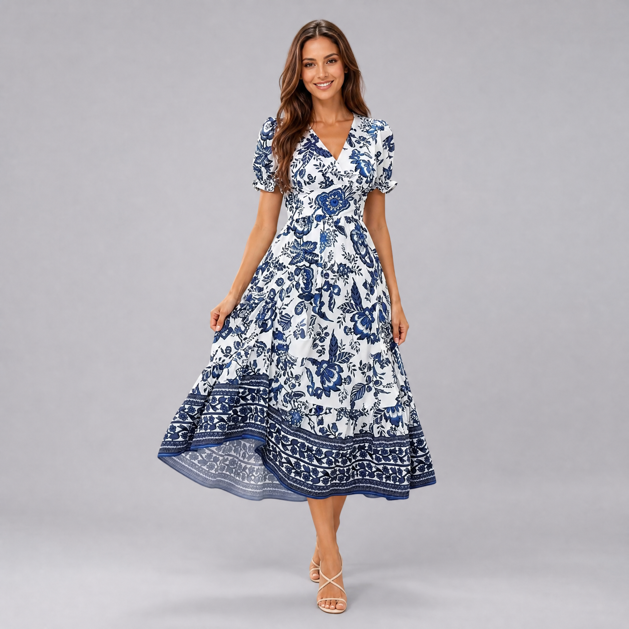 Women’s Exquisite Textured Floral Puff Sleeve Ruffled Midi Dress