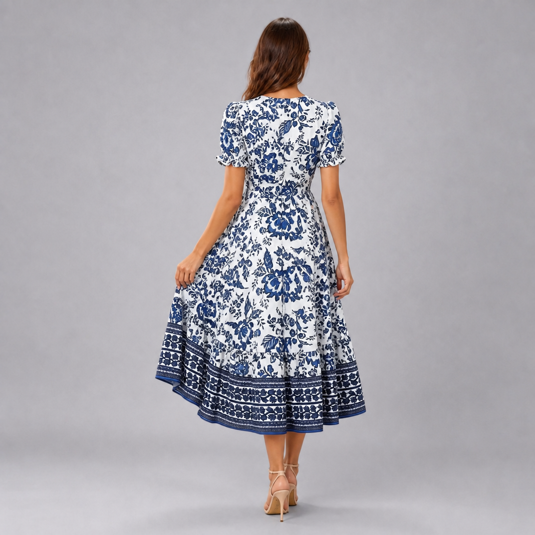 Women’s Exquisite Textured Floral Puff Sleeve Ruffled Midi Dress
