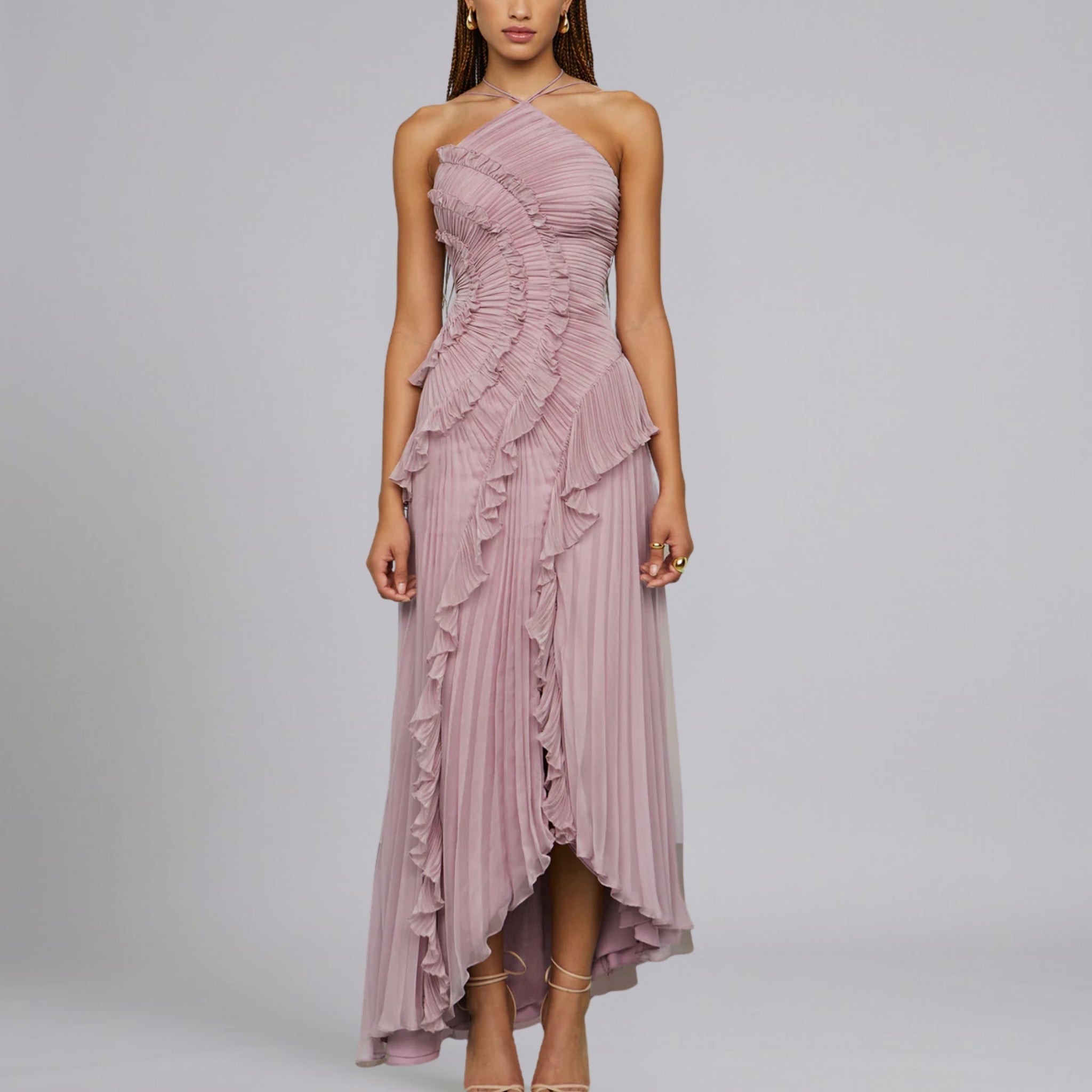 Women’s Exquisite Textured Pleated Ruffle Maxi Dress
