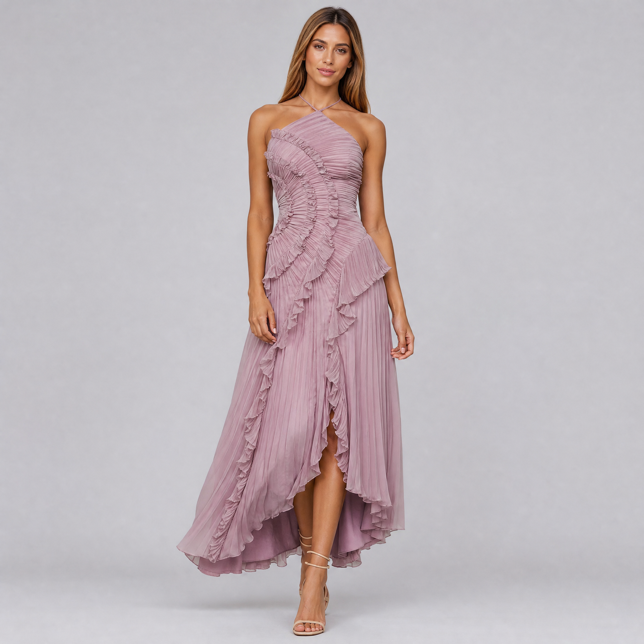 Women’s Exquisite Textured Pleated Ruffle Maxi Dress