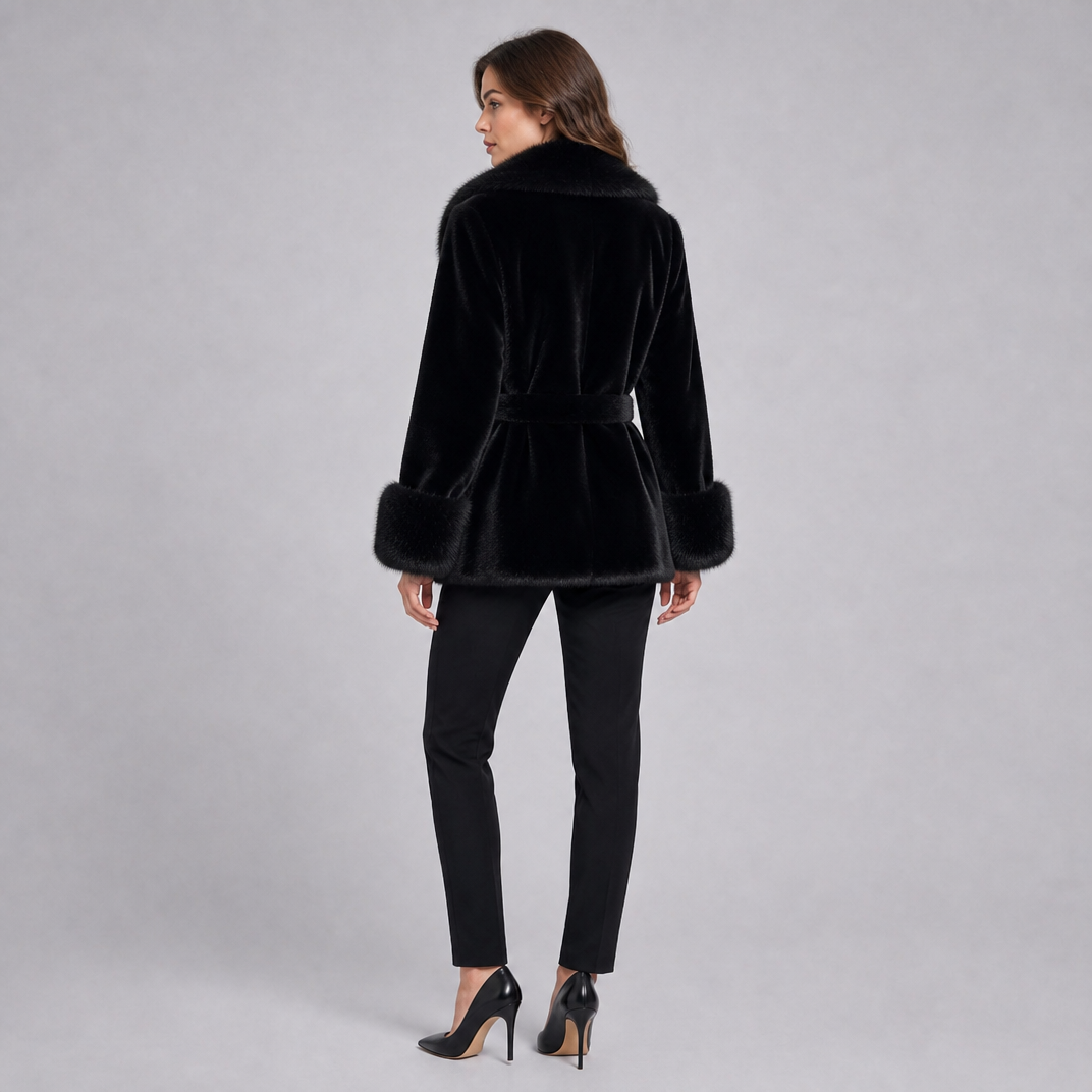 Women's Faux Fur Belted Jacket – Black Plush Collar Fit