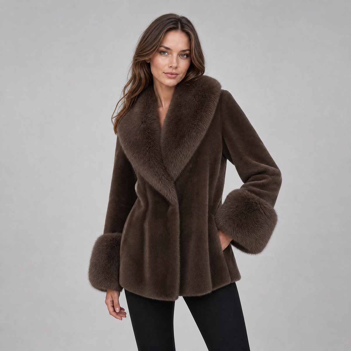 Women's Faux Fur Belted Jacket – Black Plush Collar Fit