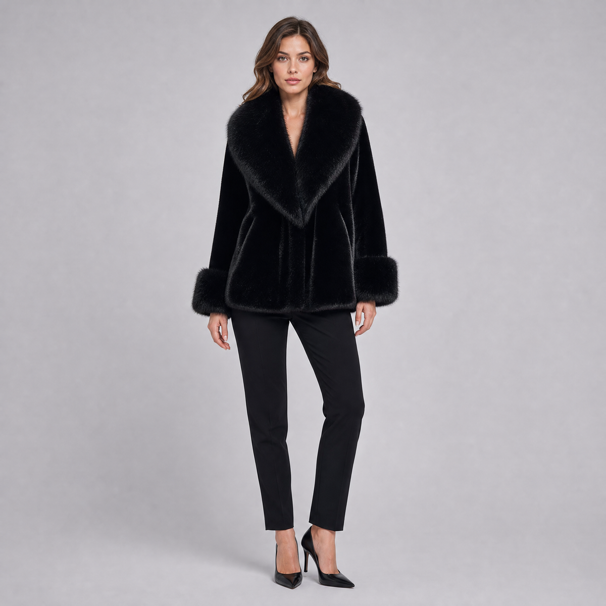 Women's Faux Fur Belted Jacket – Black Plush Collar Fit