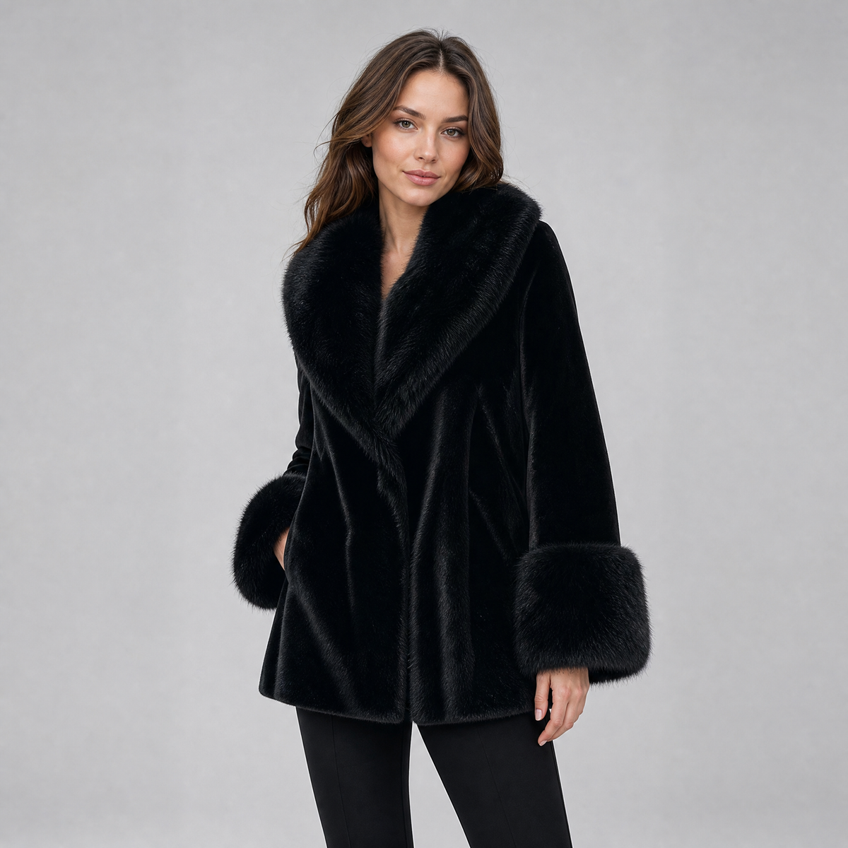 Women's Faux Fur Belted Jacket – Black Plush Collar Fit