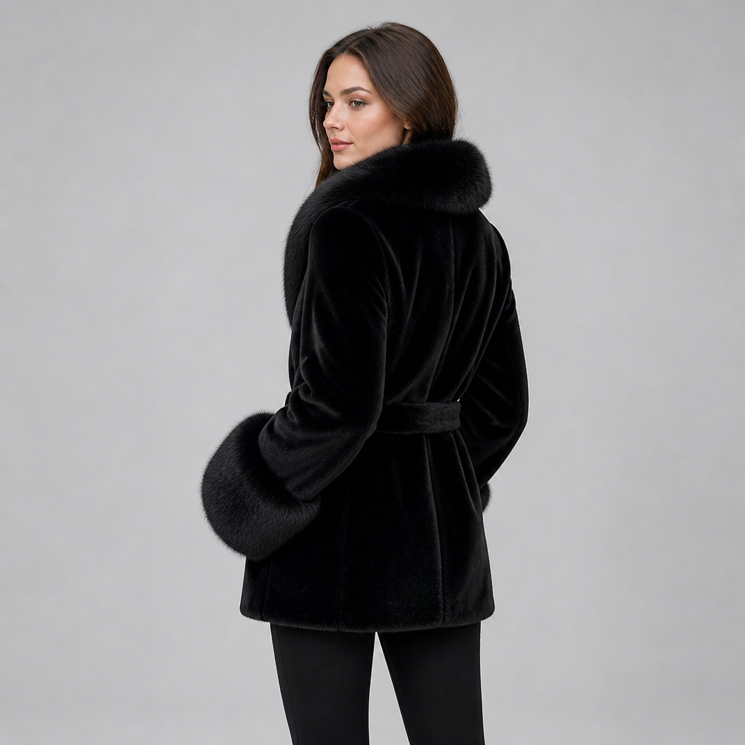 Women's Faux Fur Belted Jacket – Black Plush Collar Fit