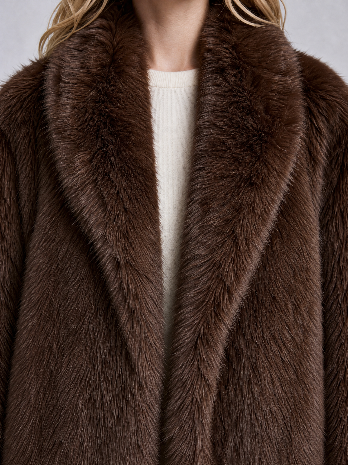 Women's Faux Fur Brown Longline Shawl Collar Coat Tailored Fit