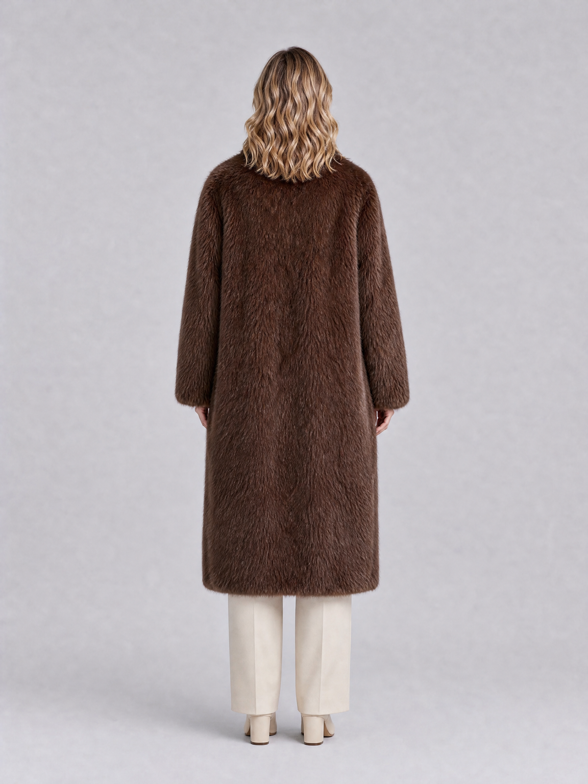 Women's Faux Fur Brown Longline Shawl Collar Coat Tailored Fit