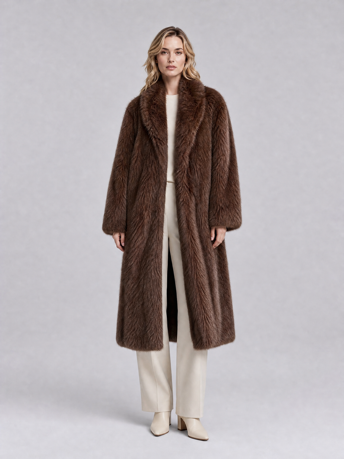 Women's Faux Fur Brown Longline Shawl Collar Coat Tailored Fit