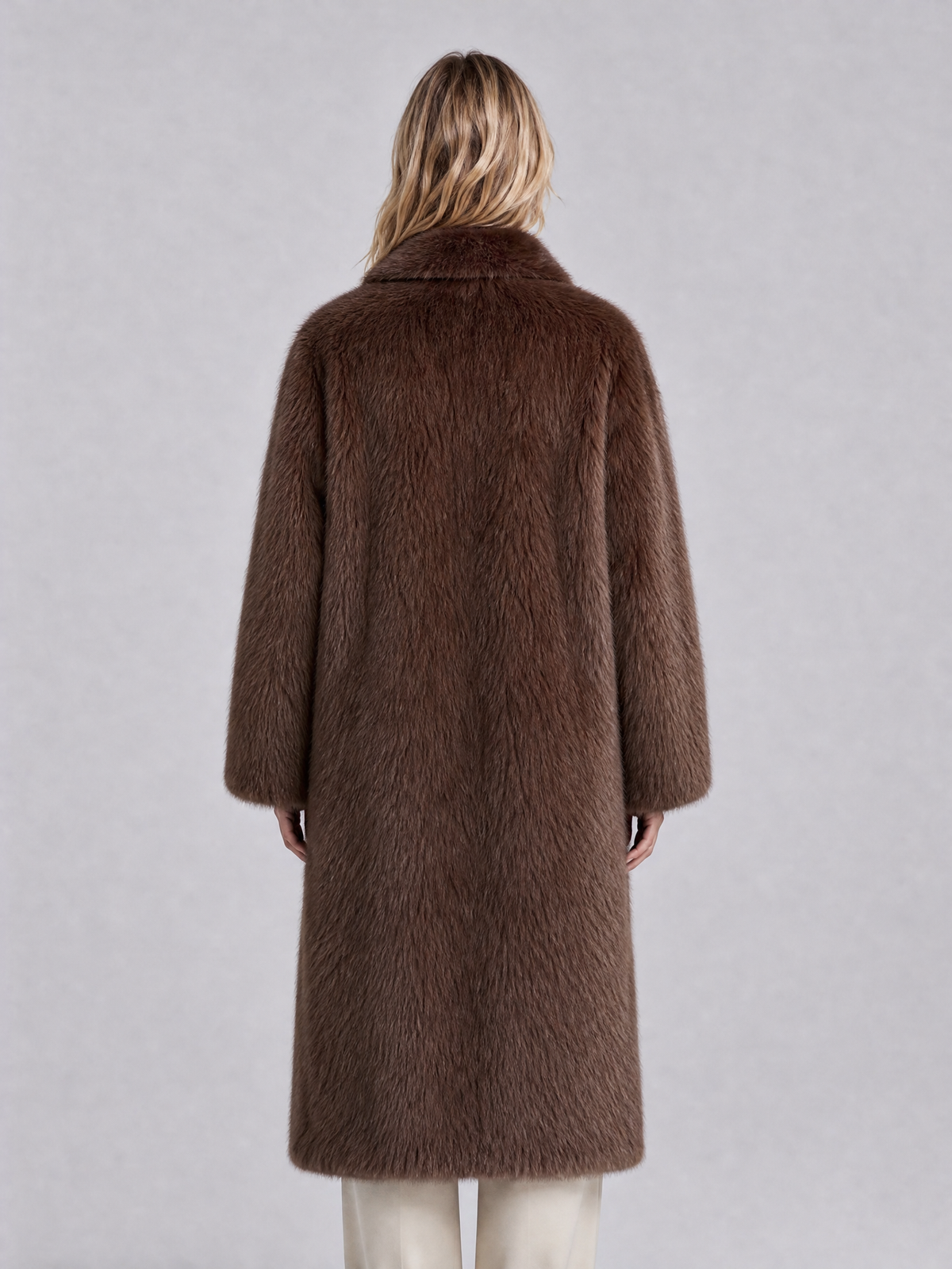 Women's Faux Fur Brown Longline Shawl Collar Coat Tailored Fit