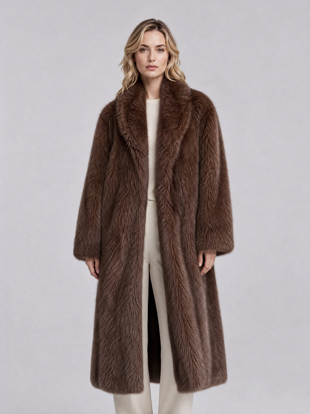 Women's Faux Fur Brown Longline Shawl Collar Coat Tailored Fit