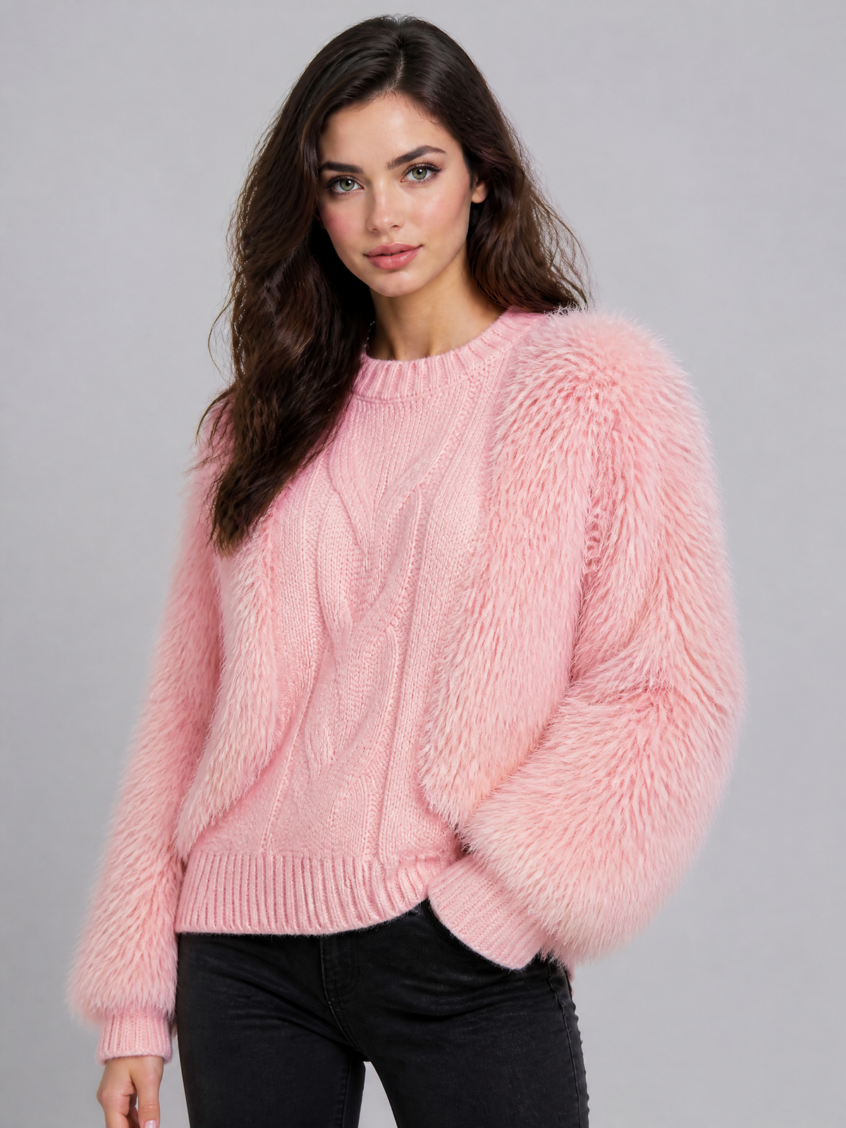 Women's Faux Fur Cable Knit Relaxed Fluffy Jumper