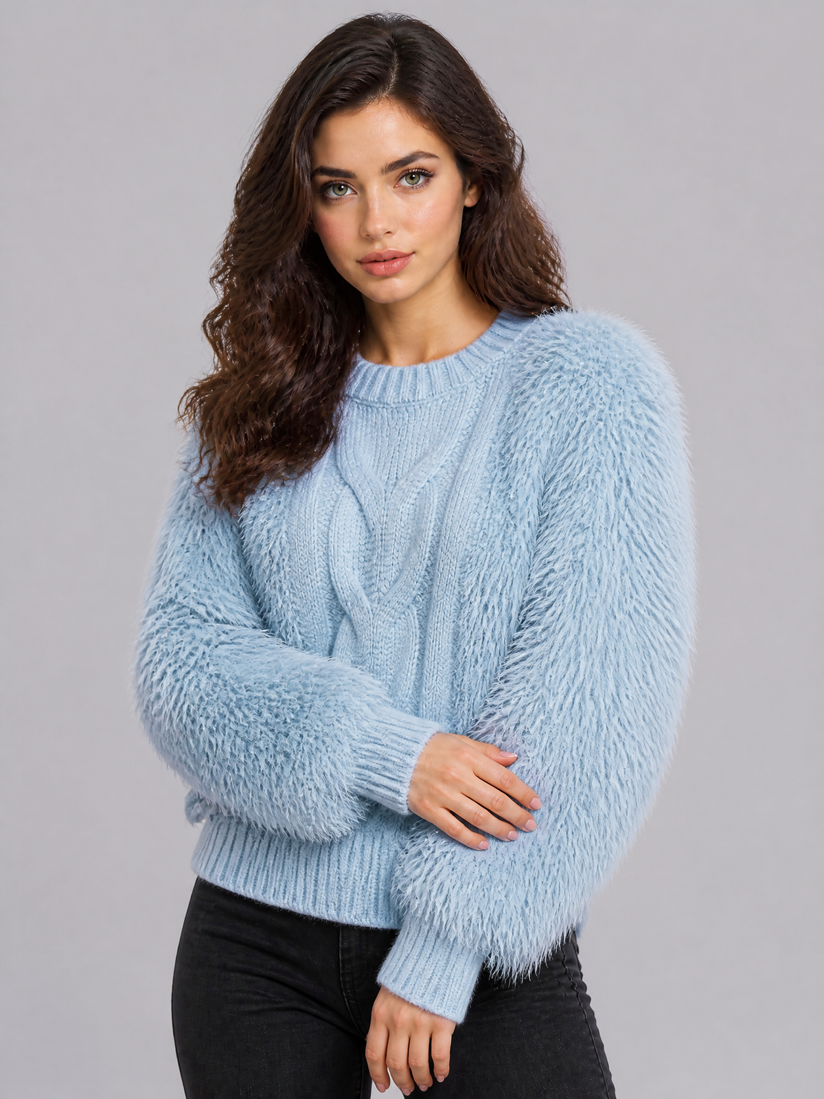 Women's Faux Fur Cable Knit Relaxed Fluffy Jumper