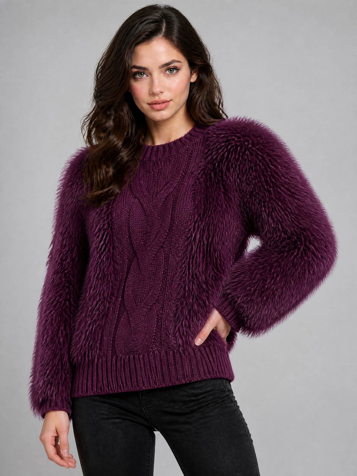 Women's Faux Fur Cable Knit Relaxed Fluffy Jumper