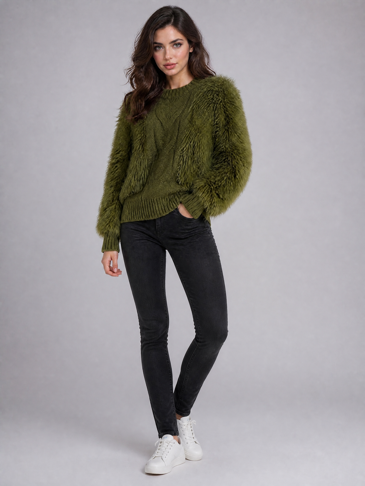 Women's Faux Fur Cable Knit Relaxed Fluffy Jumper