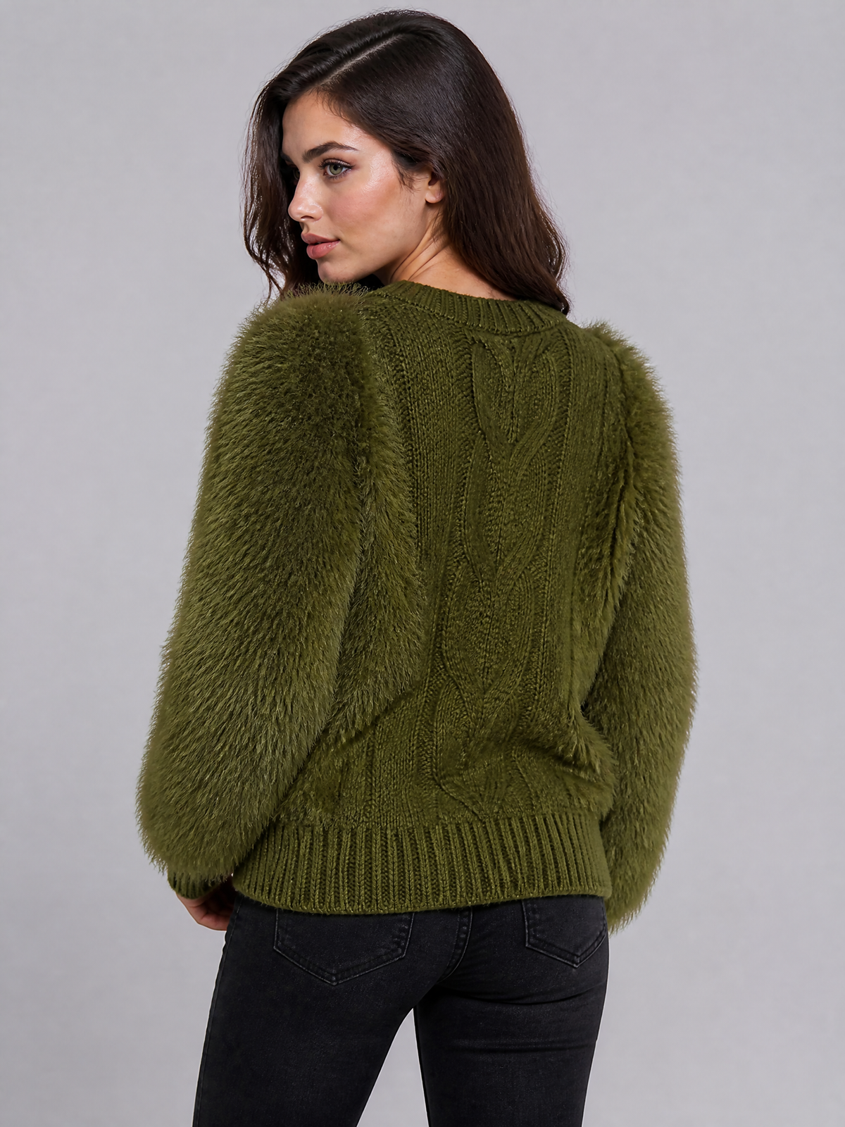 Women's Faux Fur Cable Knit Relaxed Fluffy Jumper