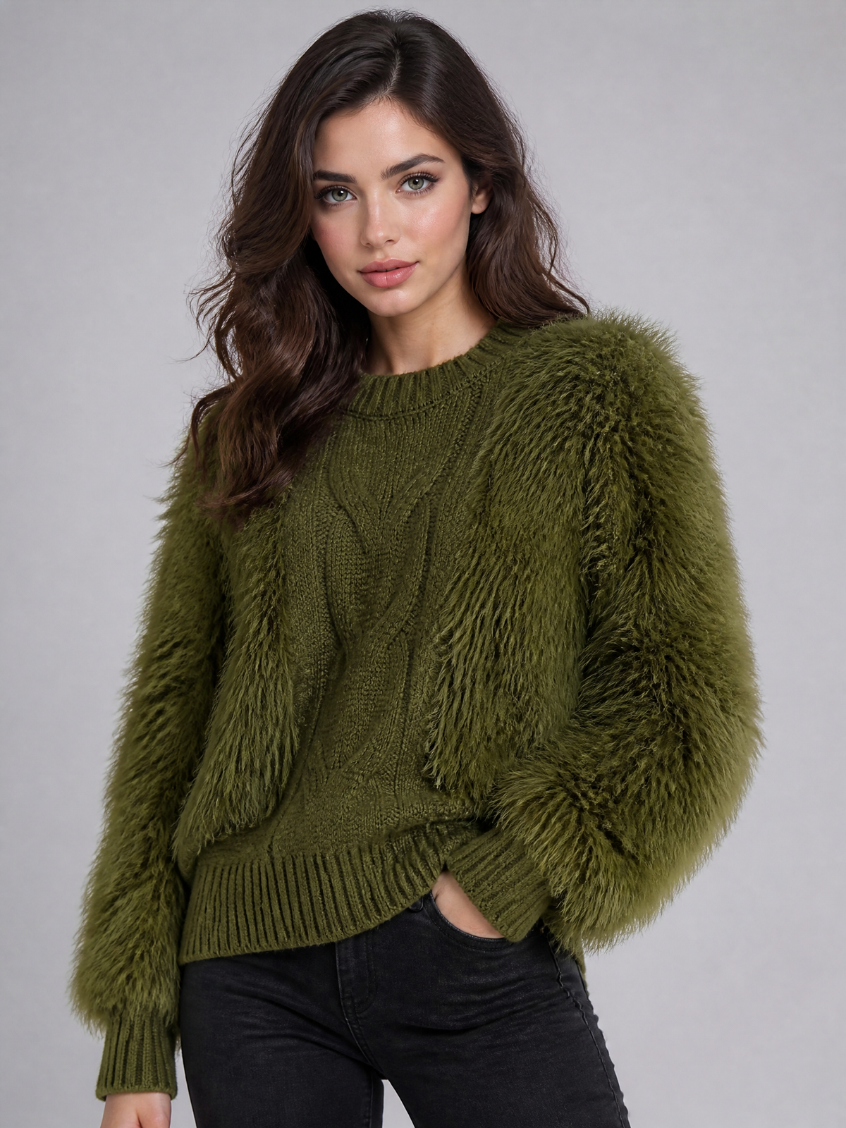 Women's Faux Fur Cable Knit Relaxed Fluffy Jumper