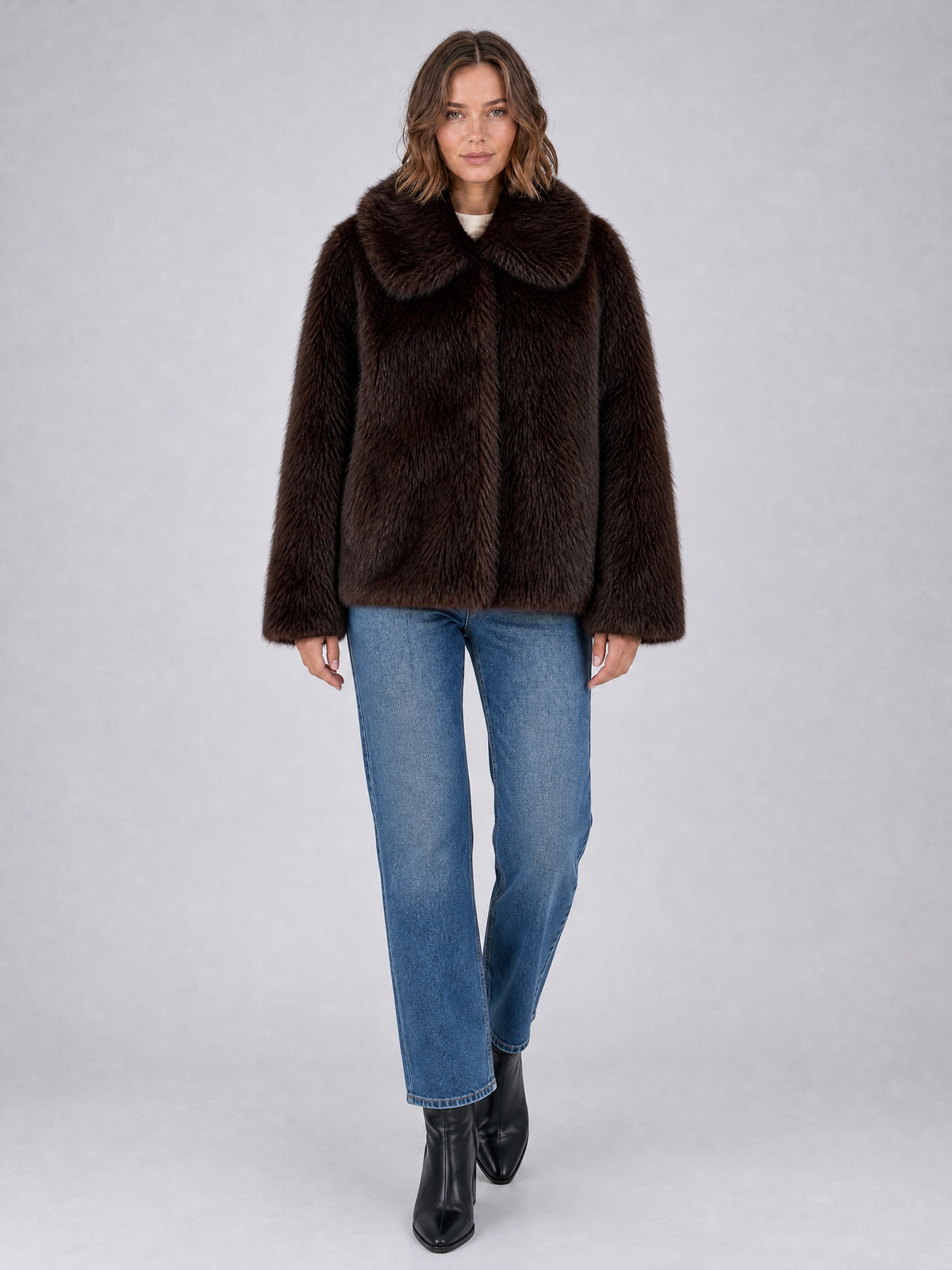 Women's Faux Fur Dark Brown Short Coat Relaxed Fit