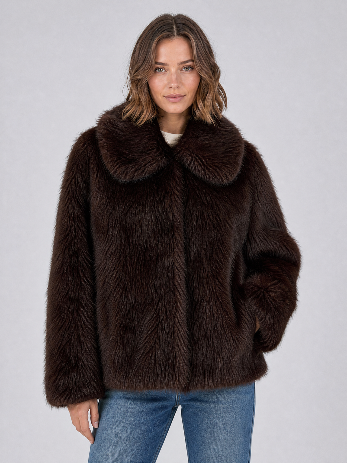 Women's Faux Fur Dark Brown Short Coat Relaxed Fit