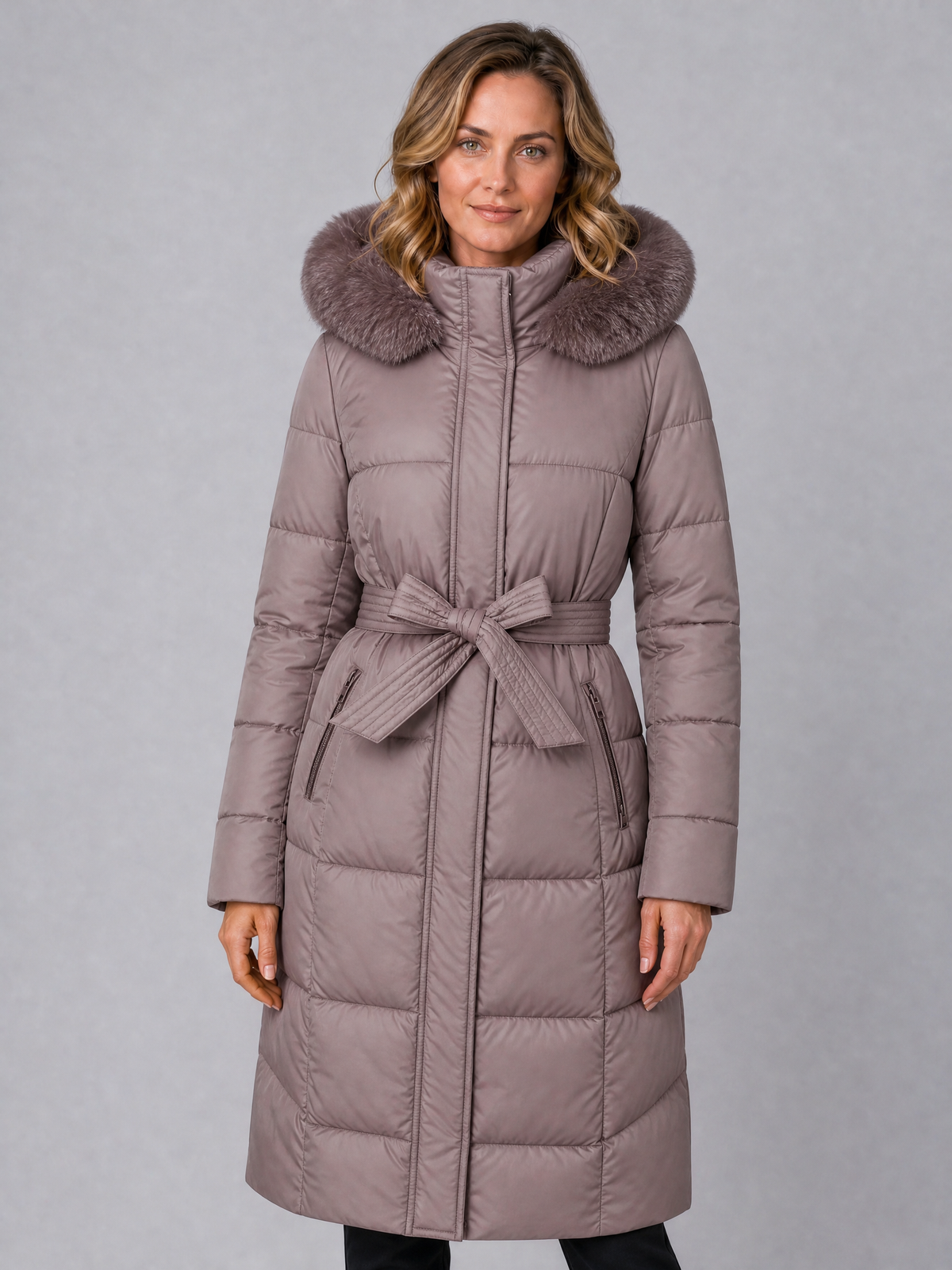 Women's Faux Fur Hooded Black Belted Puffer Long Coat Tailored Fit