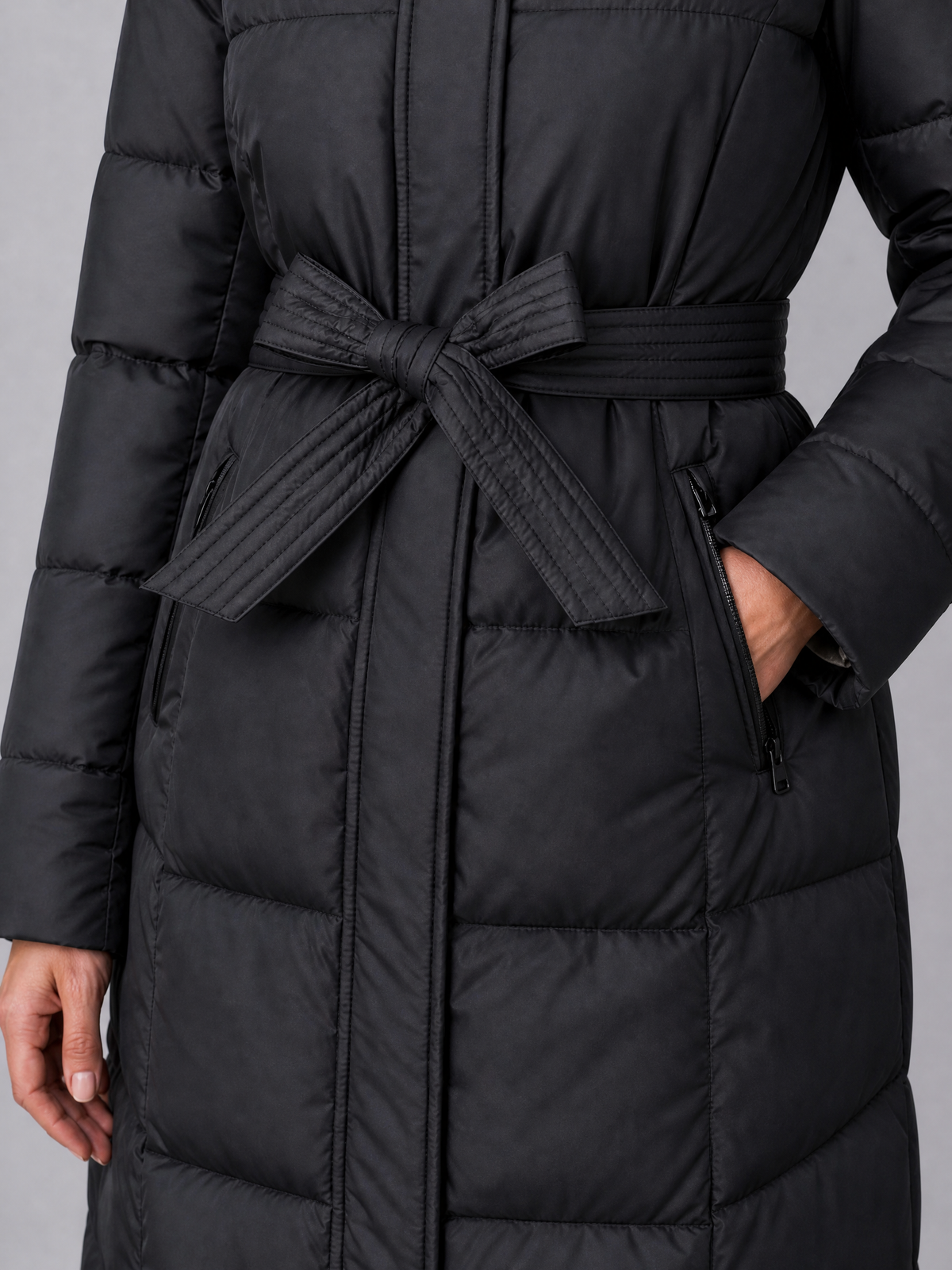 Women's Faux Fur Hooded Black Belted Puffer Long Coat Tailored Fit