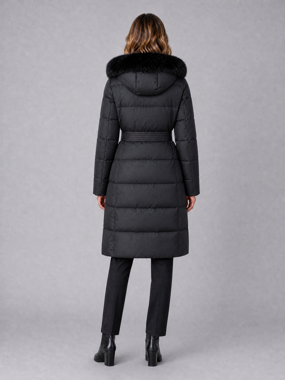 Women's Faux Fur Hooded Black Belted Puffer Long Coat Tailored Fit