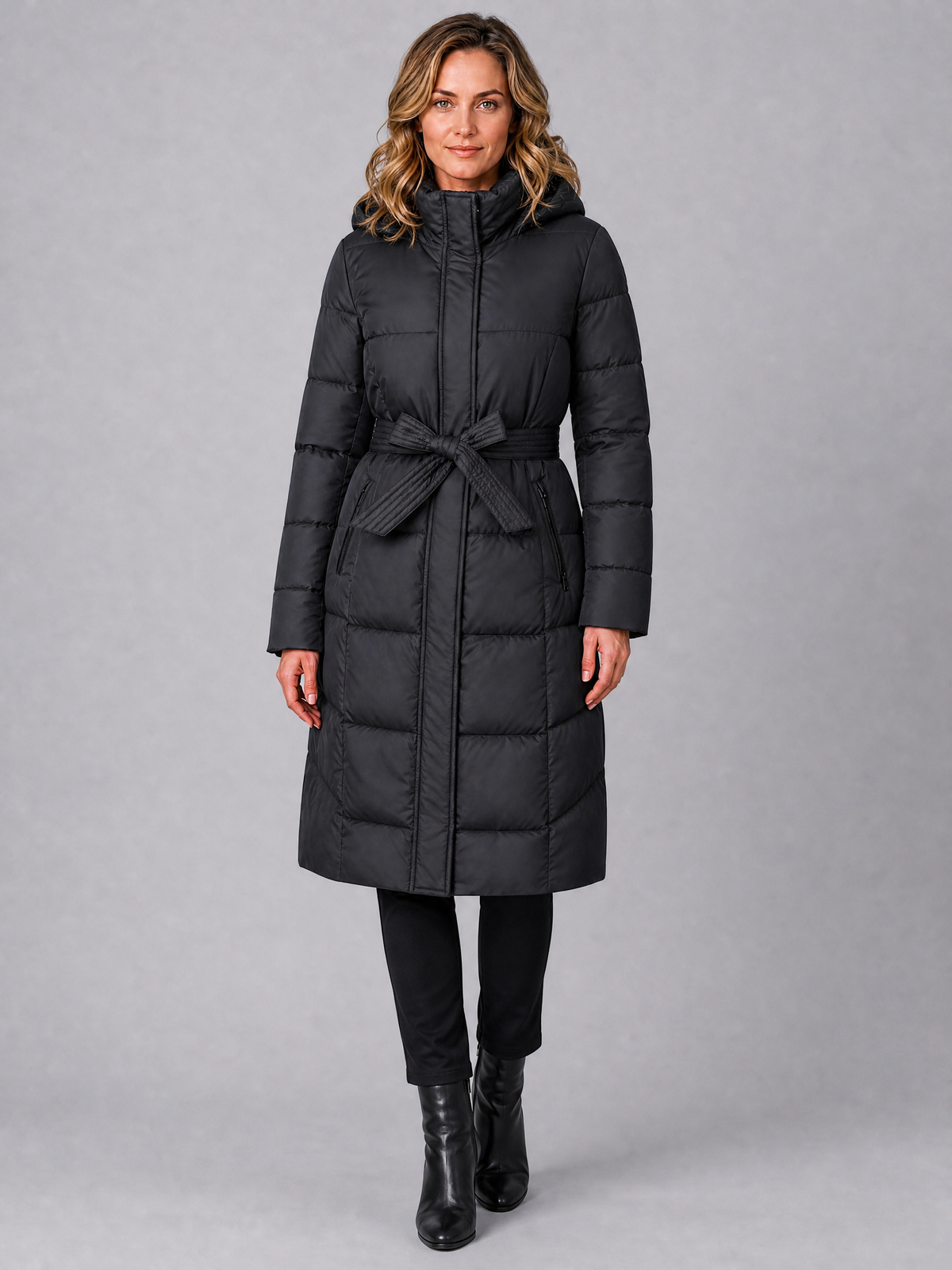 Women's Faux Fur Hooded Black Belted Puffer Long Coat Tailored Fit