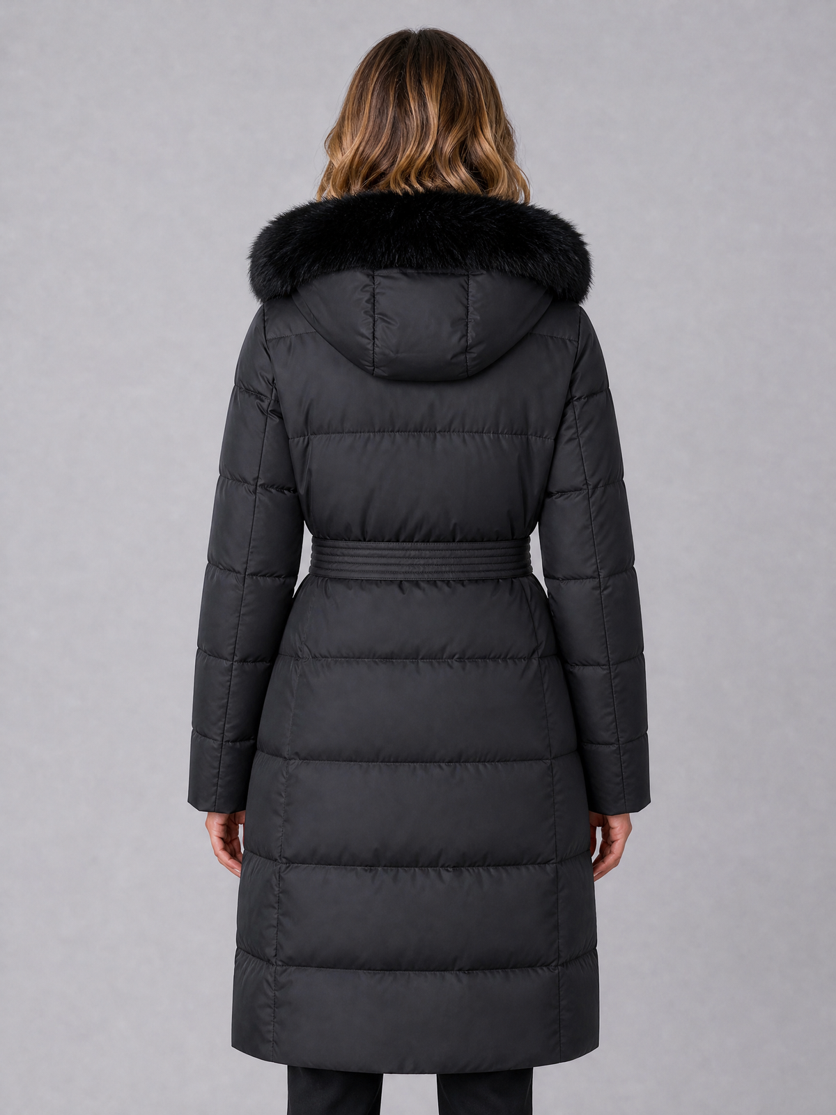 Women's Faux Fur Hooded Black Belted Puffer Long Coat Tailored Fit