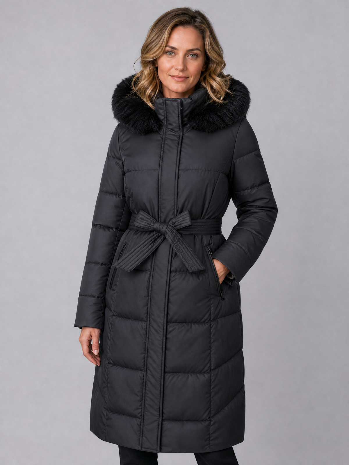 Women's Faux Fur Hooded Black Belted Puffer Long Coat Tailored Fit