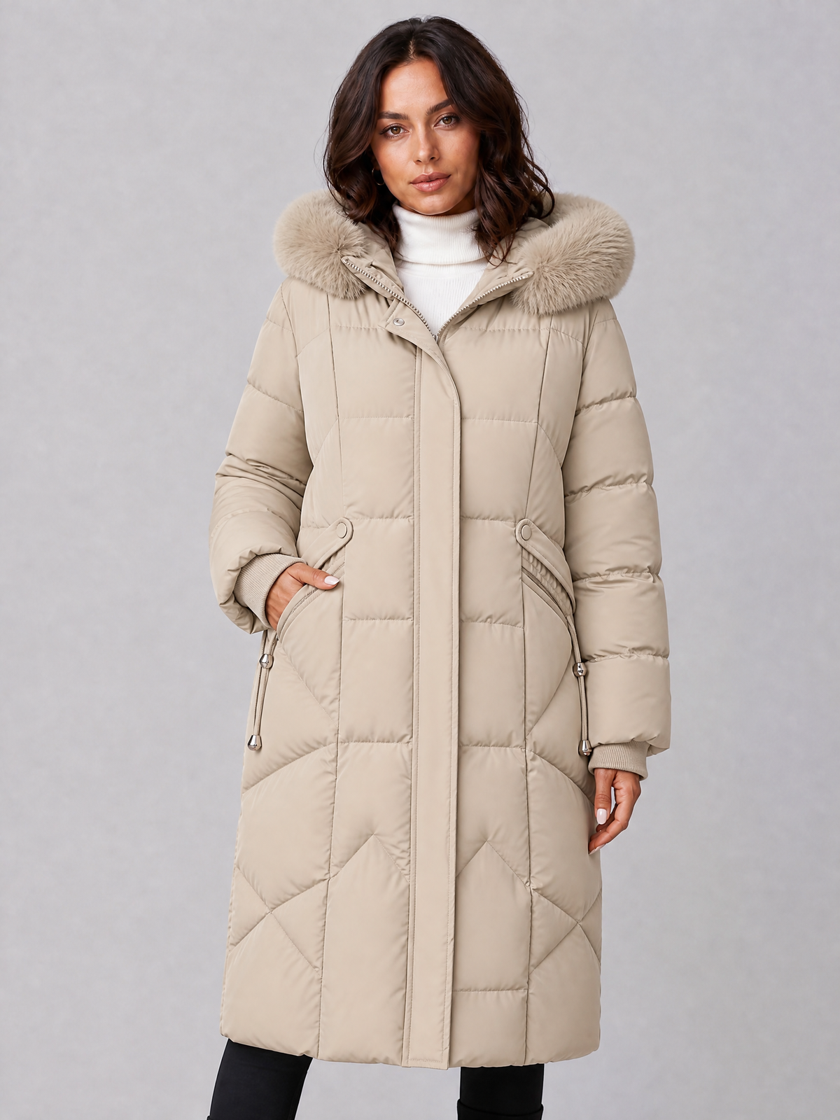 Women's Faux Fur Hooded Grey Puffer Long Coat Tailored Fit