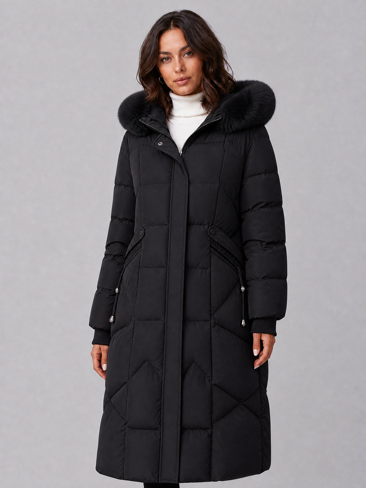 Women's Faux Fur Hooded Grey Puffer Long Coat Tailored Fit