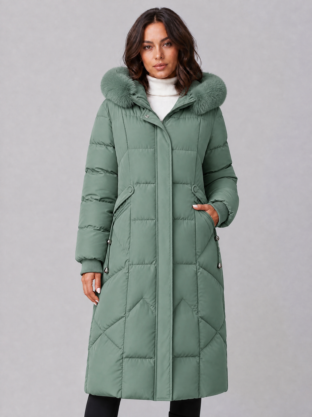 Women's Faux Fur Hooded Grey Puffer Long Coat Tailored Fit