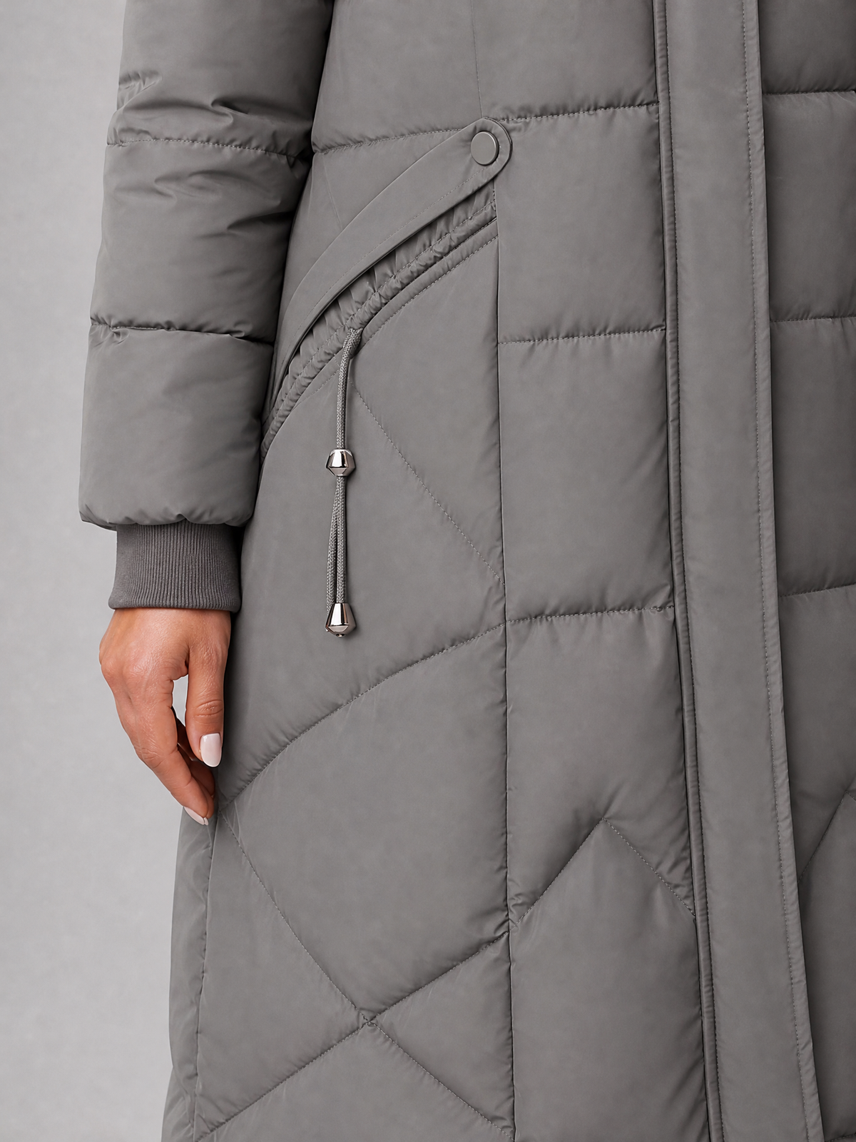 Women's Faux Fur Hooded Grey Puffer Long Coat Tailored Fit