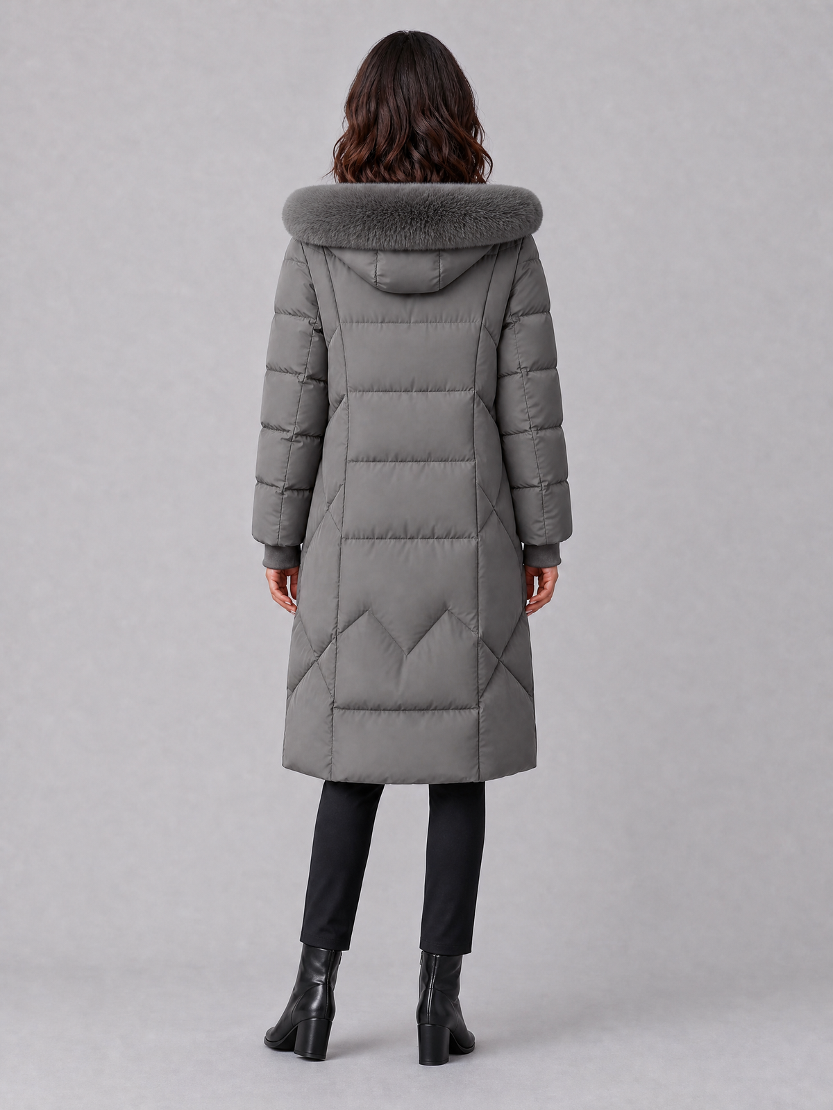Women's Faux Fur Hooded Grey Puffer Long Coat Tailored Fit