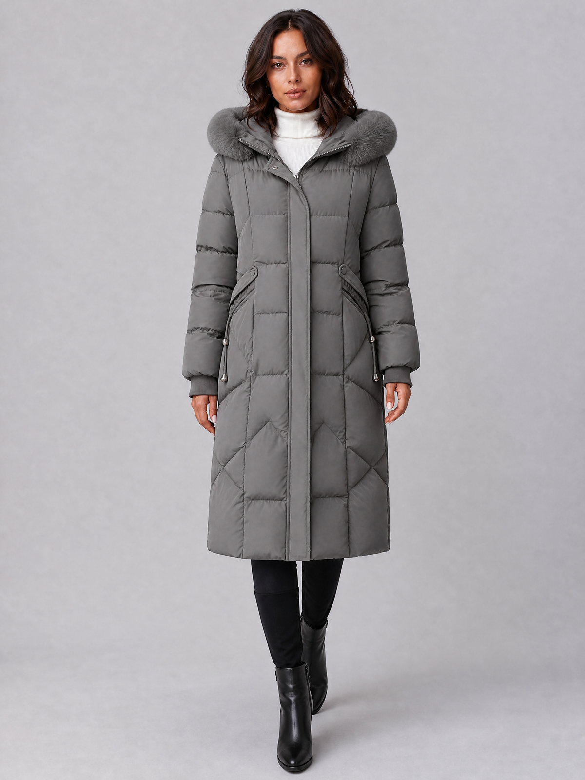 Women's Faux Fur Hooded Grey Puffer Long Coat Tailored Fit