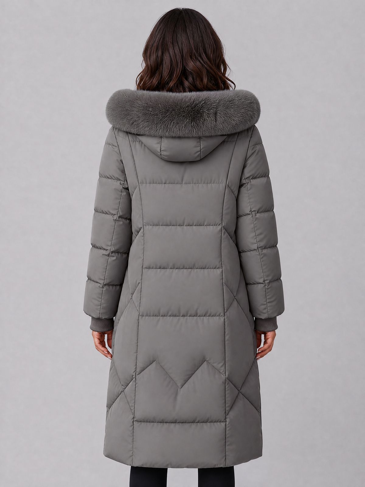 Women's Faux Fur Hooded Grey Puffer Long Coat Tailored Fit