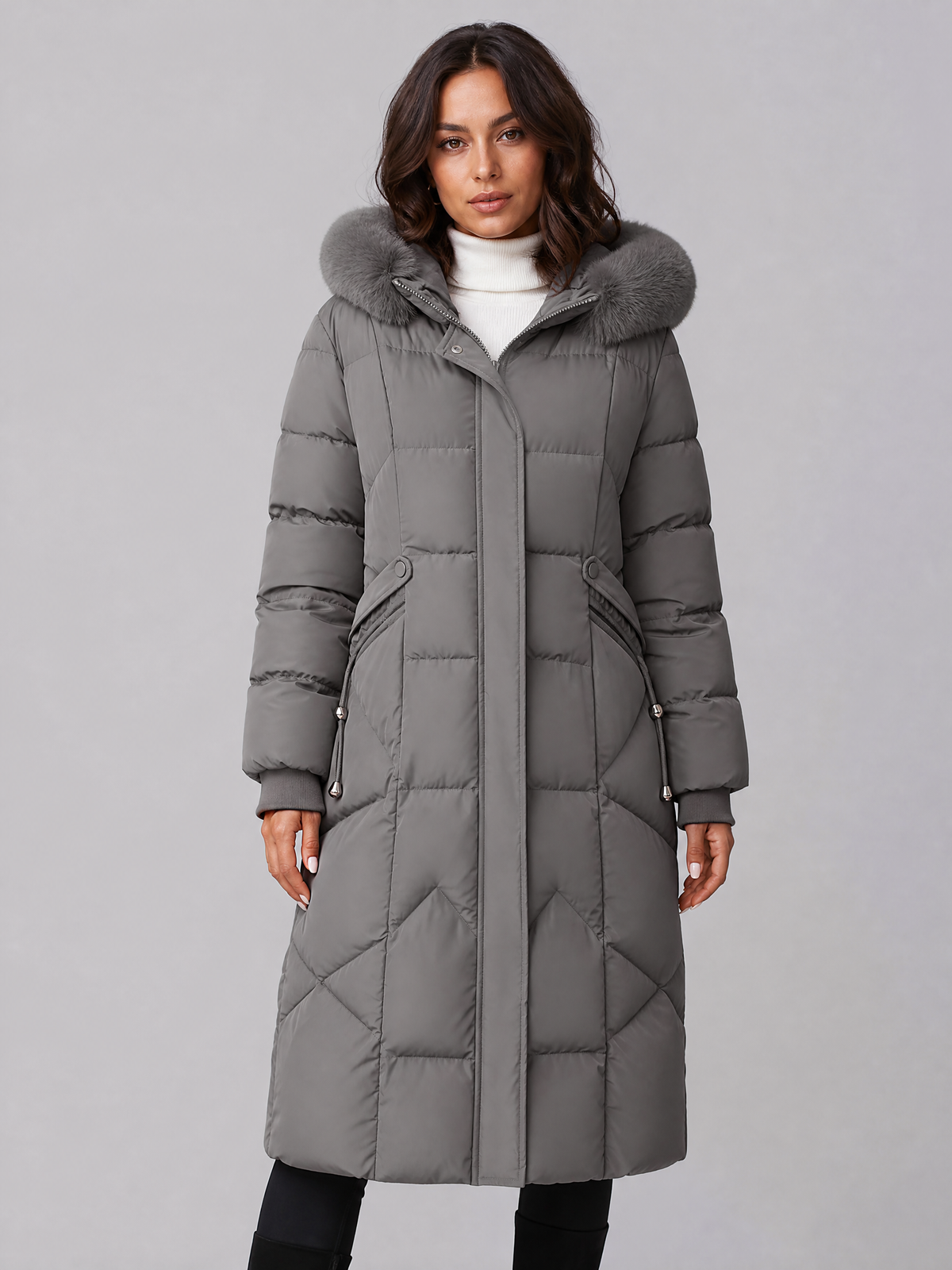 Women's Faux Fur Hooded Grey Puffer Long Coat Tailored Fit