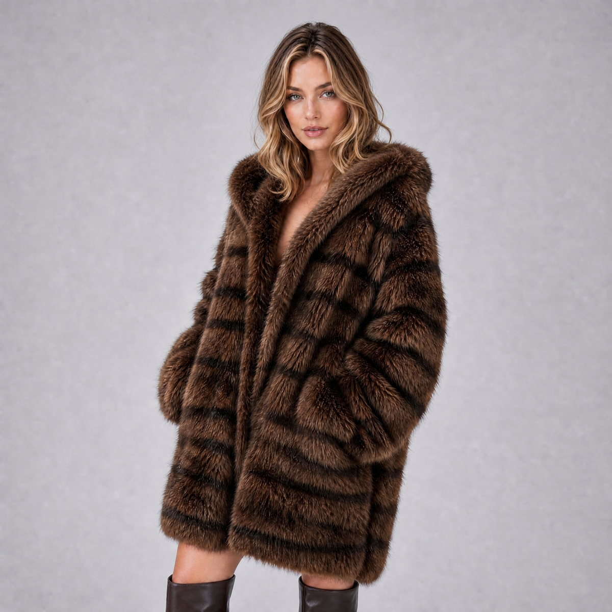 Women's Faux Fur Hooded Overcoat Relaxed Fit