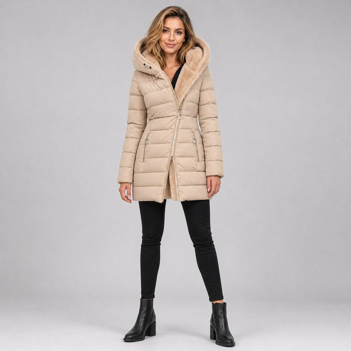 Women's Faux Fur Hooded Puffer Coat Fitted Quilted