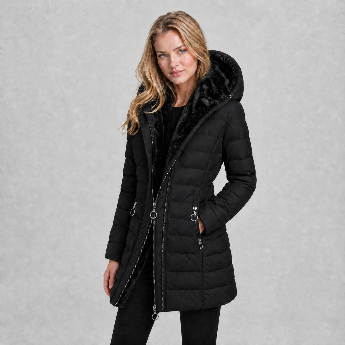 Women's Faux Fur Hooded Puffer Coat Fitted Quilted