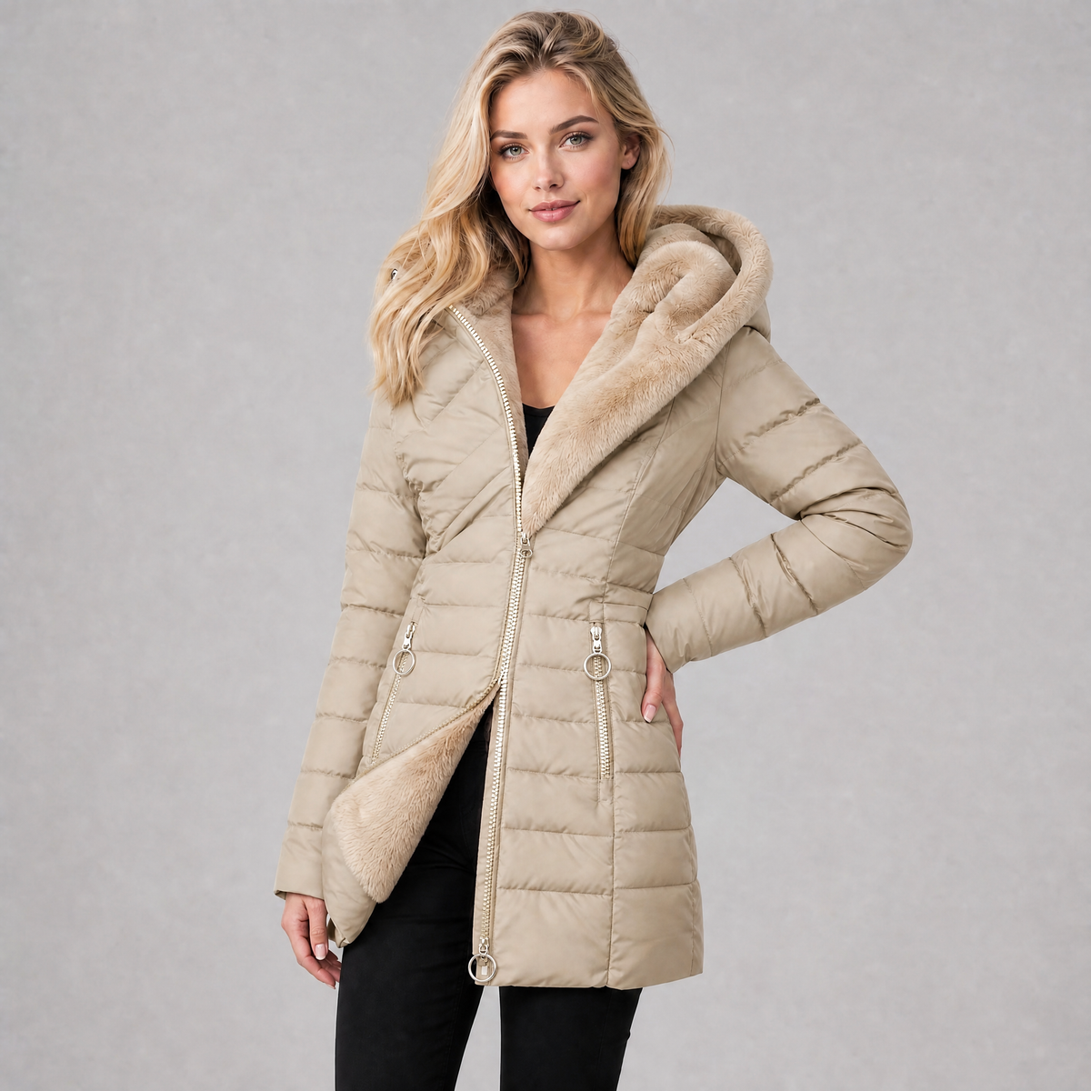 Women's Faux Fur Hooded Puffer Coat Fitted Quilted