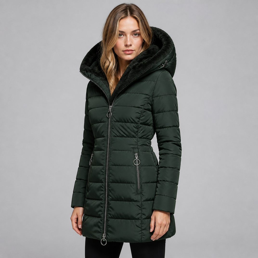 Women's Faux Fur Hooded Puffer Coat Fitted Quilted