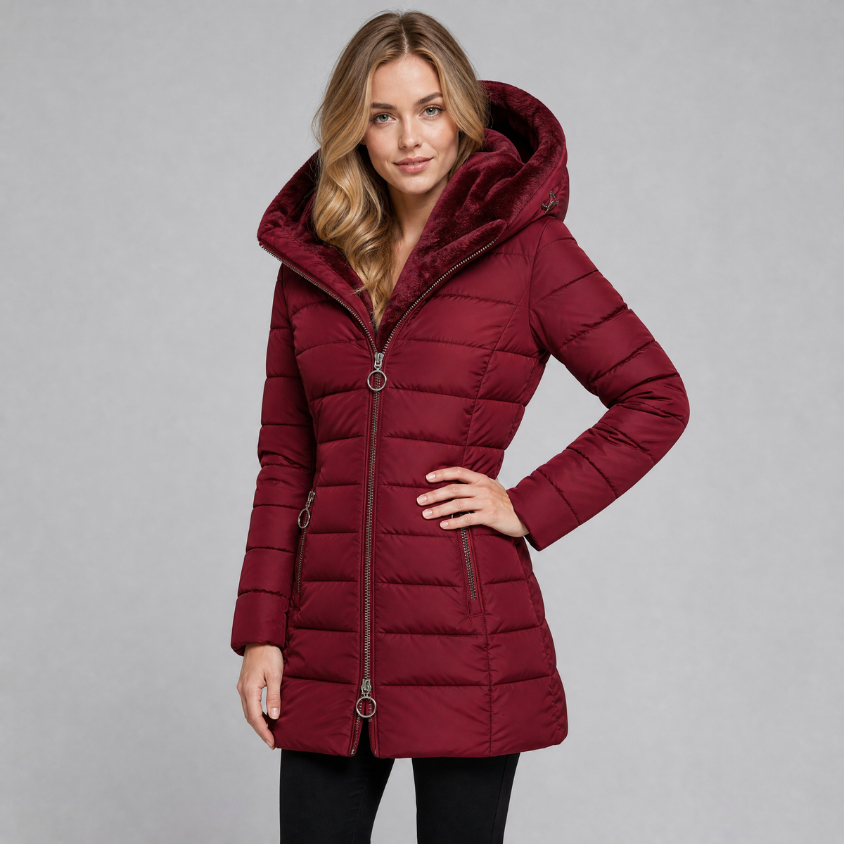 Women's Faux Fur Hooded Puffer Coat Fitted Quilted