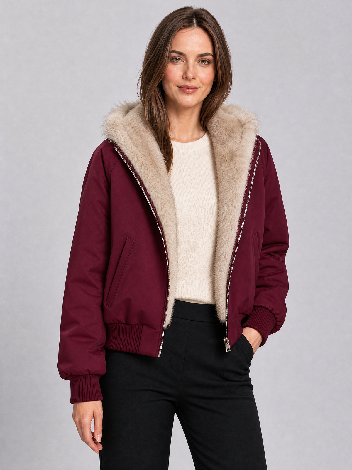 Women's Faux Fur Lined Black Hooded Bomber Jacket Relaxed Fit