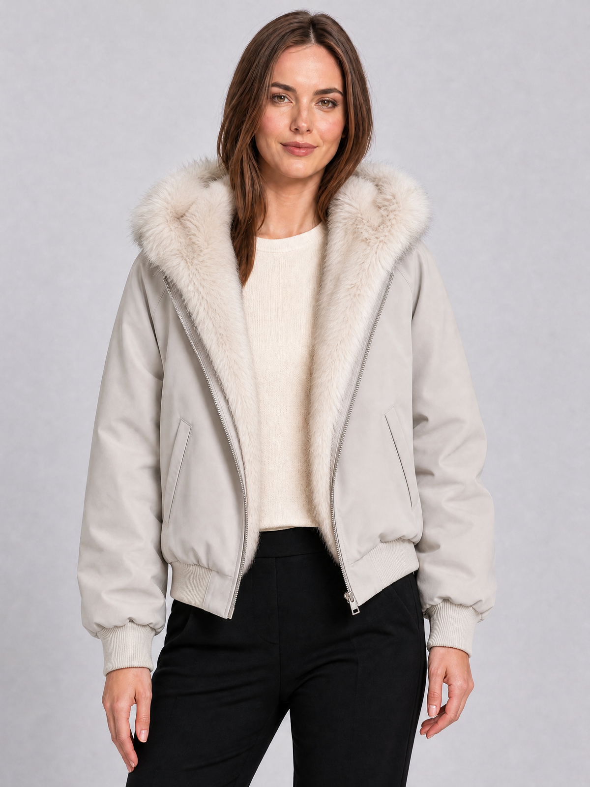 Women's Faux Fur Lined Black Hooded Bomber Jacket Relaxed Fit