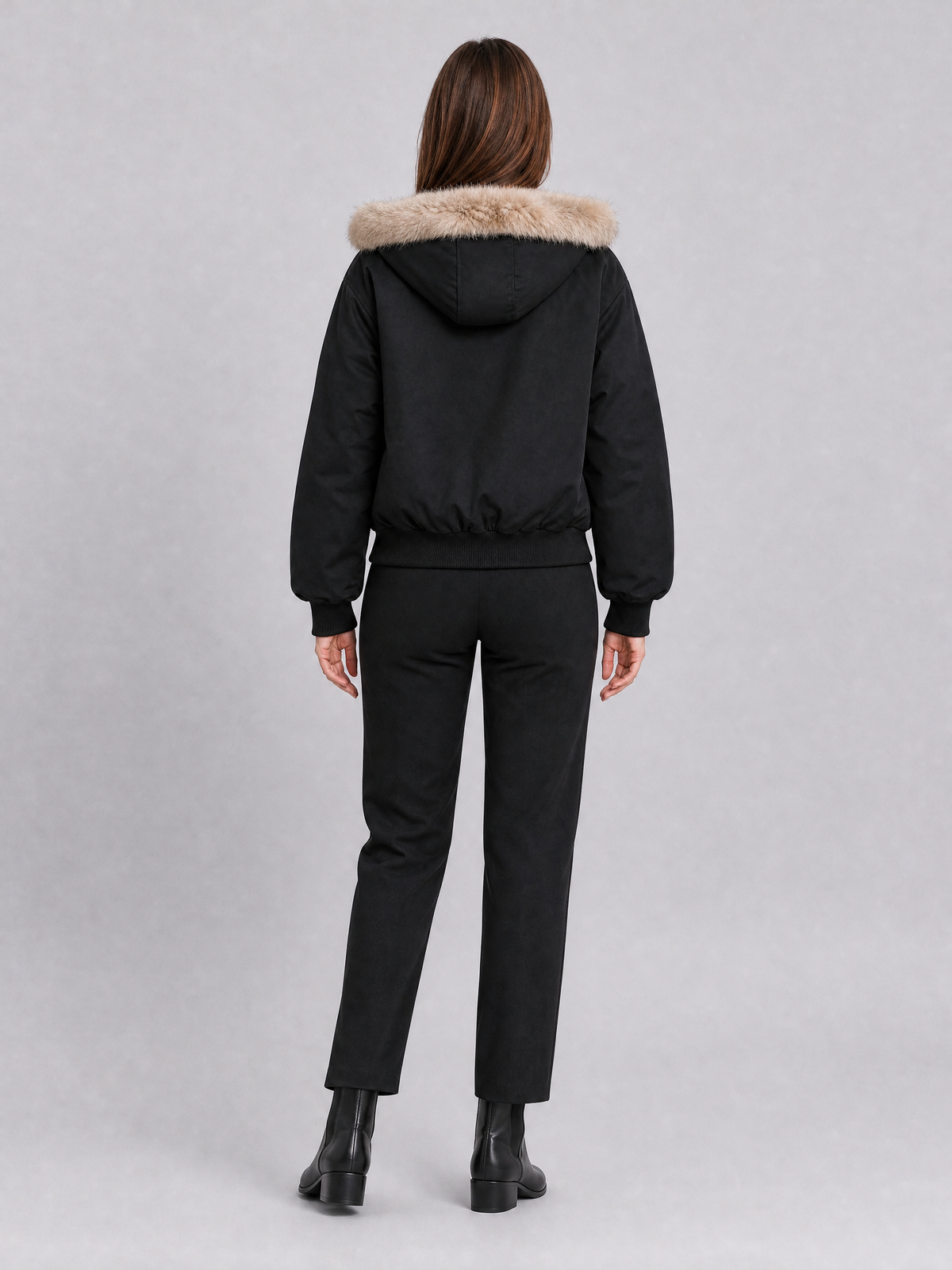 Women's Faux Fur Lined Black Hooded Bomber Jacket Relaxed Fit