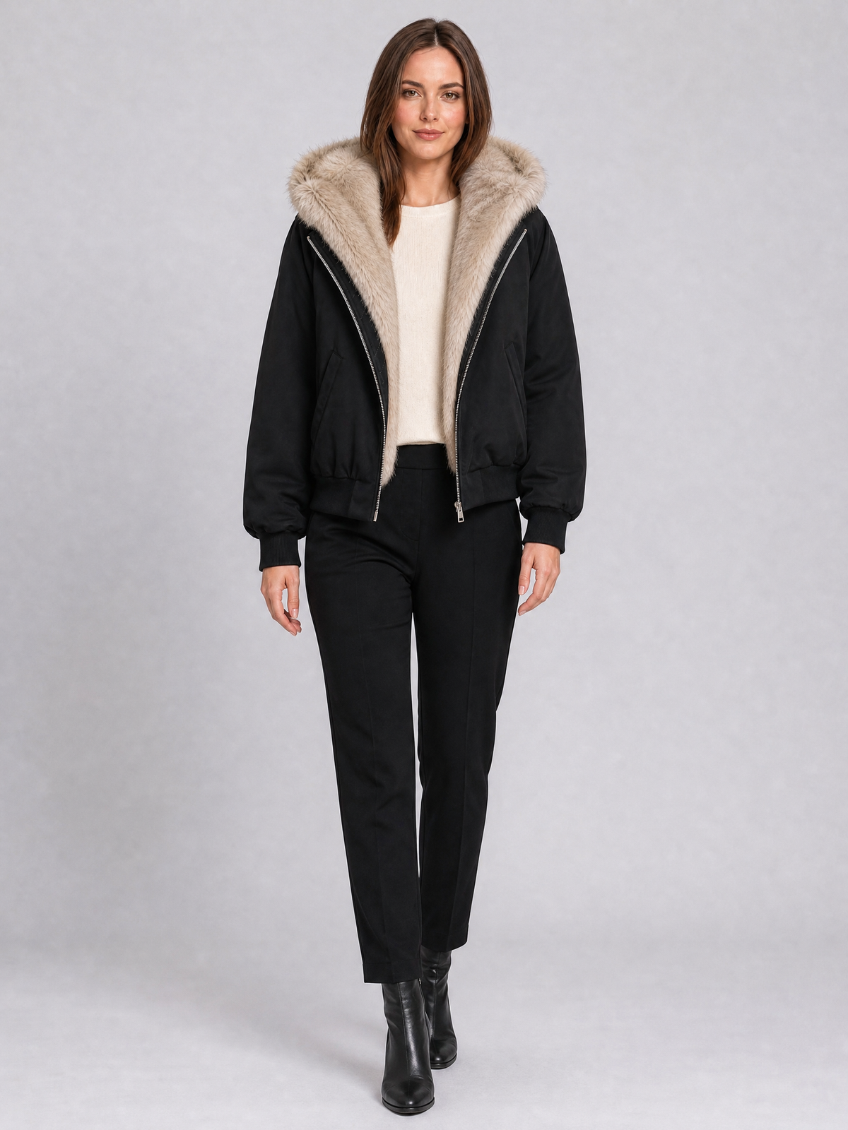 Women's Faux Fur Lined Black Hooded Bomber Jacket Relaxed Fit