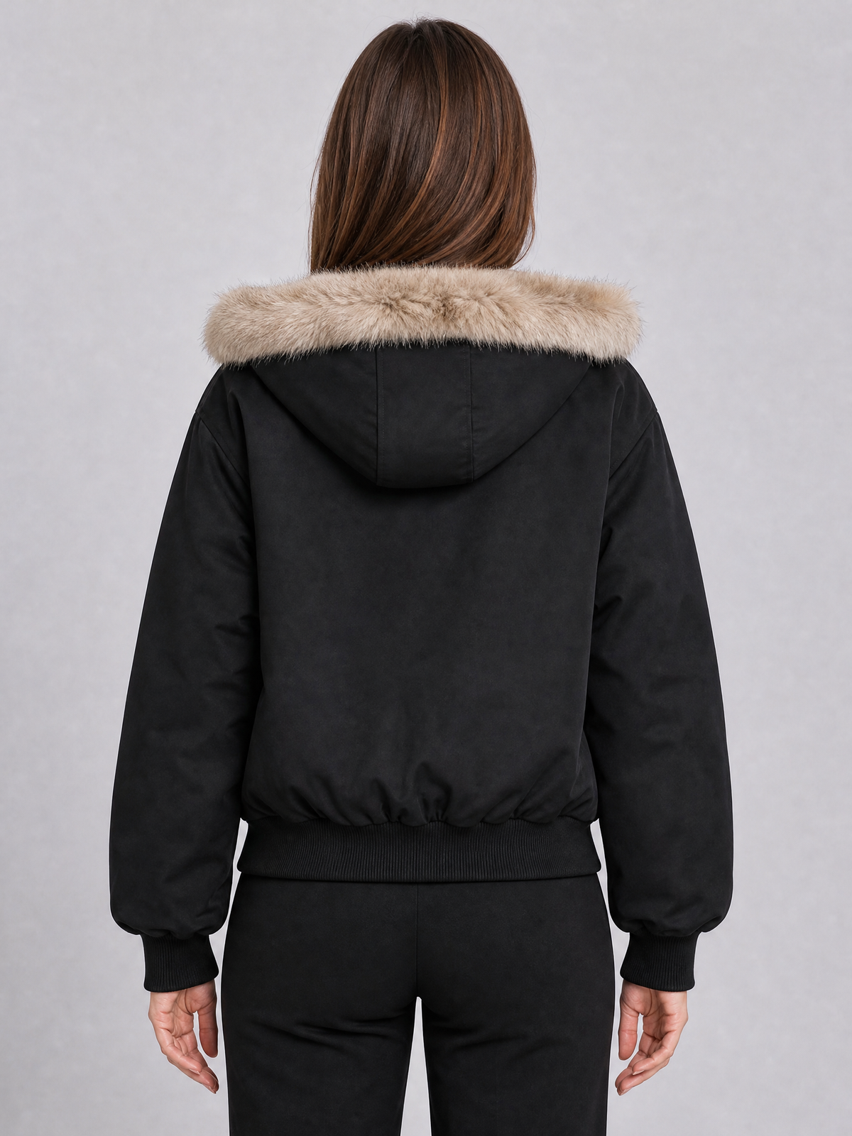 Women's Faux Fur Lined Black Hooded Bomber Jacket Relaxed Fit