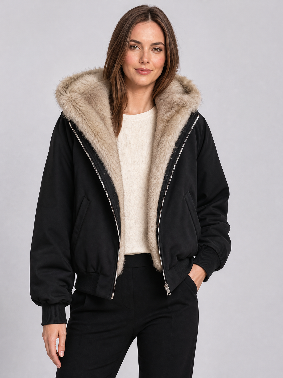 Women's Faux Fur Lined Black Hooded Bomber Jacket Relaxed Fit