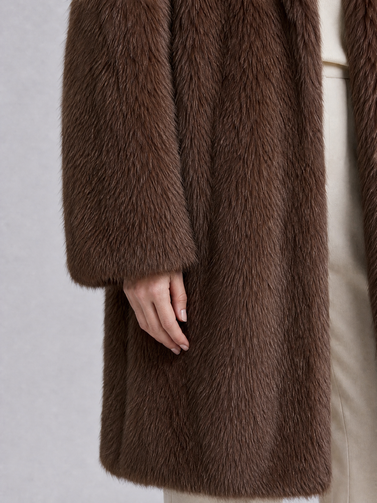 Women's Faux Fur Brown Longline Shawl Collar Coat Tailored Fit